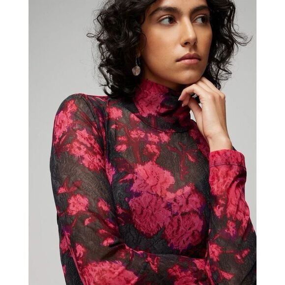 White House Black Market Pink Black LS Mesh Turtleneck Size Small Sheer - Picture 8 of 8